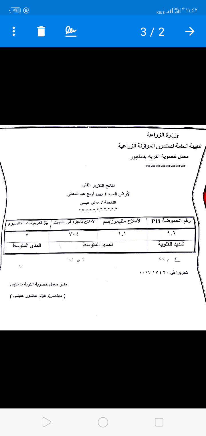 علاج ملوحة التربه والمياه ملوحة المياه ٩٢٨جزي في المليون  - فدان ارض يتم ريه غمر
تم زراعة قمح ومن بعده ارز وتحصل نفس المشكله وهي تقزم النبات وضعف عام في النمو وبالتالي في المحصل والصوره بتوضح تحليل التربه 